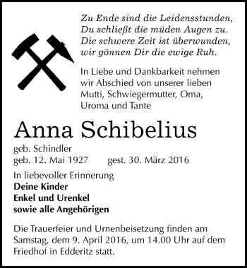 Traueranzeige von Anna Schibelius von Mitteldeutsche Zeitung Köthen