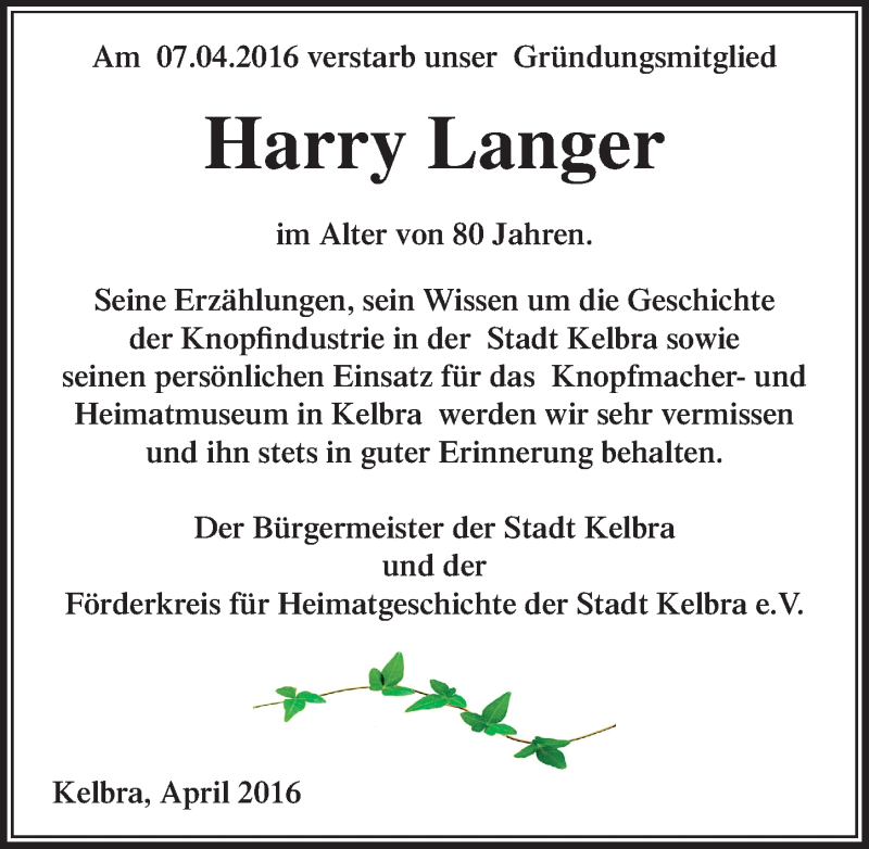  Traueranzeige für Harry Langer vom 16.04.2016 aus Mitteldeutsche Zeitung Sangerhausen