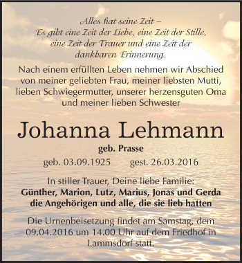Traueranzeige von Johanna Lehmann von Mitteldeutsche Zeitung Wittenberg