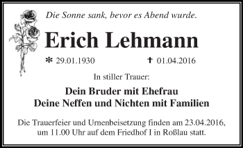 Traueranzeige von Erich Lehmann von WVG - Wochenspiegel Dessau / Köthen