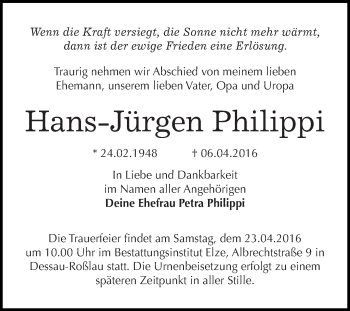 Traueranzeige von Hans-Jürgen Philippi von WVG - Wochenspiegel Dessau / Köthen