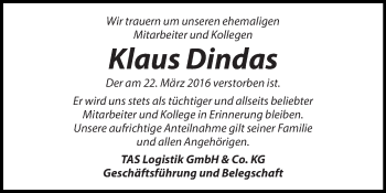 Traueranzeige von Klaus Dindas von Super Sonntag Wittenberg
