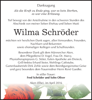 Traueranzeige von Wilma Schröder von Mitteldeutsche Zeitung Köthen