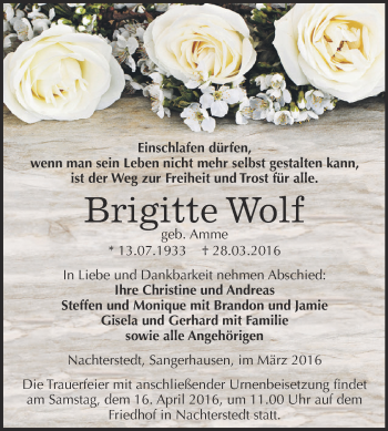 Traueranzeige von Brigitte Wolf von Super Sonntag Aschersleben