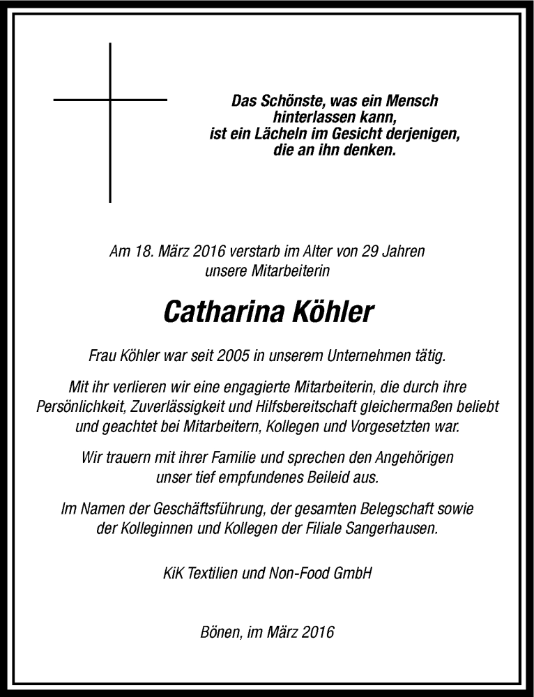  Traueranzeige für Catharina Köhler vom 02.04.2016 aus Mitteldeutsche Zeitung Sangerhausen