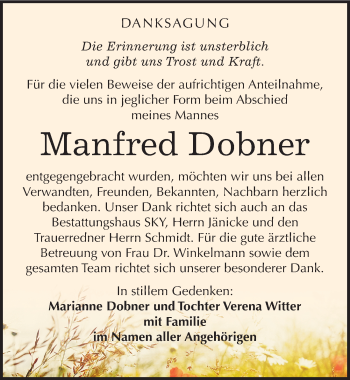 Traueranzeige von Manfred Dobner von Mitteldeutsche Zeitung Wittenberg