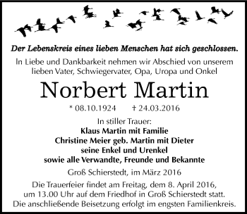 Traueranzeige von Norbert Martin von Mitteldeutsche Zeitung Aschersleben