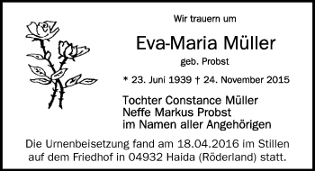 Traueranzeige von Eva-Maria Müller von Mitteldeutsche Zeitung Köthen