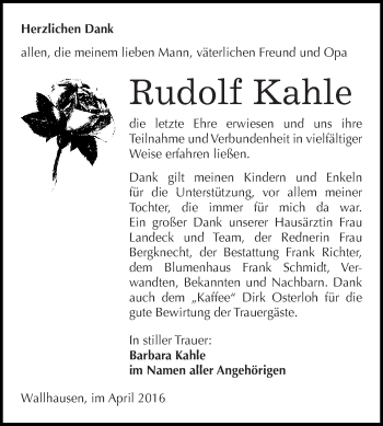 Traueranzeige von Rudolf Kahle von Super Sonntag SGH Mansf. Land