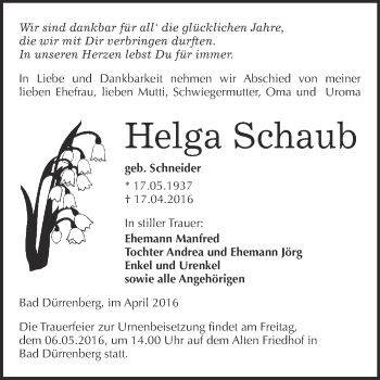Traueranzeige von Helga Schaub von Super Sonntag Merseburg