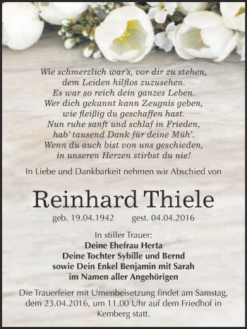 Traueranzeige von Reinhard Thiele von WVG - Wochenspiegel Bitterfeld