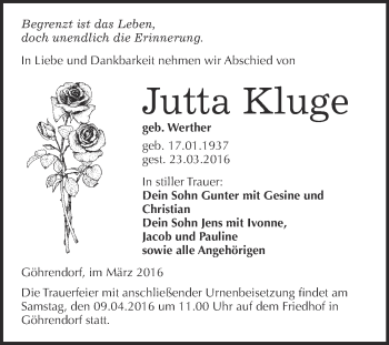 Traueranzeige von Jutta Kluge von WVG - Wochenspiegel Merseburg