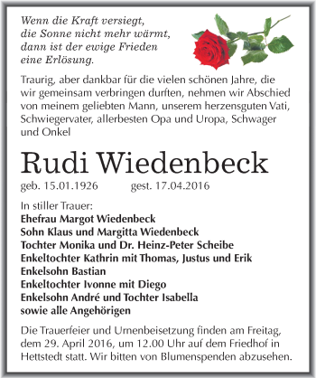 Traueranzeige von Rudi Wiedenbeck von Mitteldeutsche Zeitung Mansfelder Land