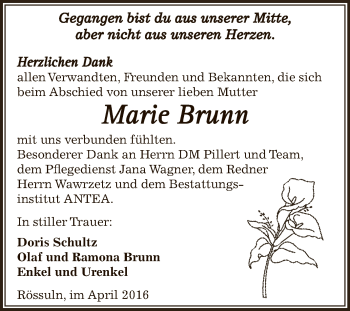 Traueranzeige von Marie Brunn von WVG - Wochenspiegel NMB / WSF / ZTZ