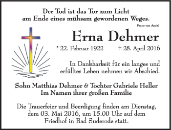 Traueranzeige von Erna Dehmer von Mitteldeutsche Zeitung Quedlinburg
