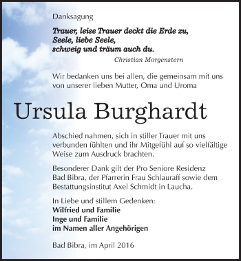 Traueranzeige von Ursula Burghardt von Mitteldeutsche Zeitung Naumburg/Nebra