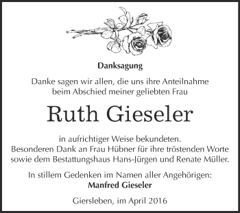 Traueranzeige von Ruth Gieseler von Super Sonntag Aschersleben
