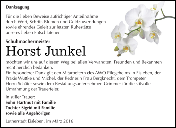 Traueranzeige von Horst Junkel von Wochenspiegel Mansfelder Land