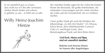 Traueranzeige von Willy Heinz-Joachim Hintze von WVG - Wochenspiegel Dessau / Köthen