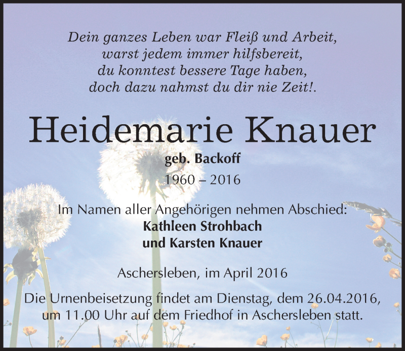  Traueranzeige für Heidemarie Knauer vom 09.04.2016 aus Mitteldeutsche Zeitung Aschersleben