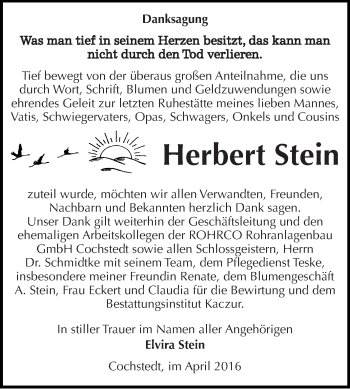 Traueranzeige von Herbert Stein von WVG - Wochenspiegel Quedlinburg