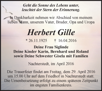 Traueranzeige von Herbert Gille von Super Sonntag Aschersleben