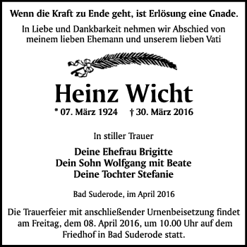 Traueranzeige von Heinz Wicht von WVG - Wochenspiegel Quedlinburg