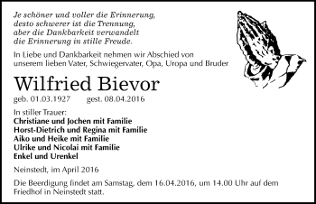 Traueranzeige von Wilfried Bievor von Mitteldeutsche Zeitung Quedlinburg