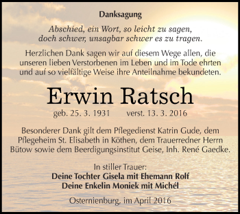 Traueranzeige von Erwin Ratsch von WVG - Wochenspiegel Dessau / Köthen