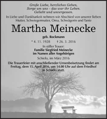 Traueranzeige von Martha Meinecke von WVG - Wochenspiegel Quedlinburg
