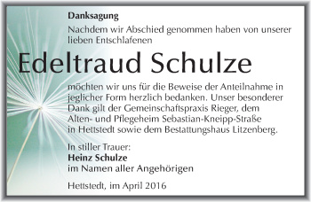 Traueranzeige von Edeltraud Schulze von Mitteldeutsche Zeitung Mansfelder Land