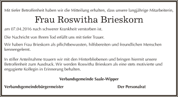 Traueranzeige von Roswitha Brieskorn von WVG - Wochenspiegel Bernburg