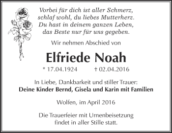 Traueranzeige von Elfriede Noah von WVG - Wochenspiegel Bitterfeld