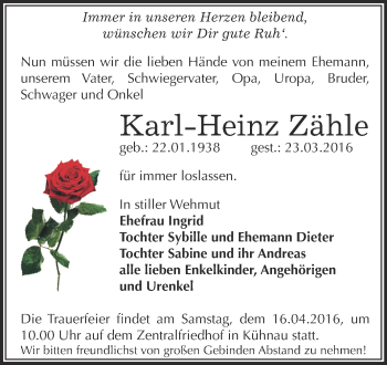 Traueranzeige von Karl-Heinz Zähle von WVG - Wochenspiegel Dessau / Köthen