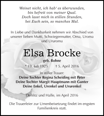 Traueranzeige von Elsa Brocke von Super Sonntag Merseburg