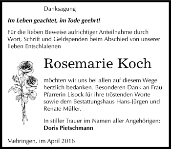 Traueranzeige von Rosemarie Koch von Mitteldeutsche Zeitung Aschersleben