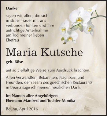 Traueranzeige von Maria Kutsche von Mitteldeutsche Zeitung Merseburg/Querfurt