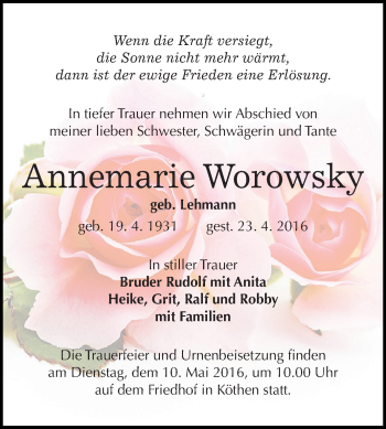 Traueranzeige von Annemarie Worowsky von WVG - Wochenspiegel Dessau / Köthen