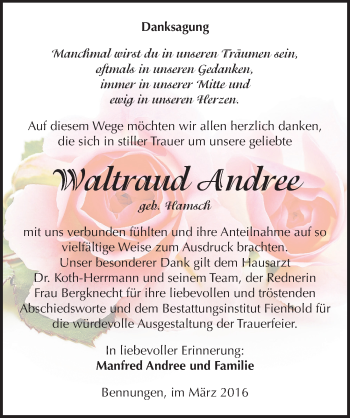 Traueranzeige von Waltraud Andree von Mitteldeutsche Zeitung Sangerhausen