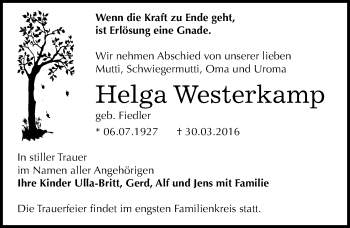Traueranzeige von Helga Westerkamp von Mitteldeutsche Zeitung Dessau-Roßlau