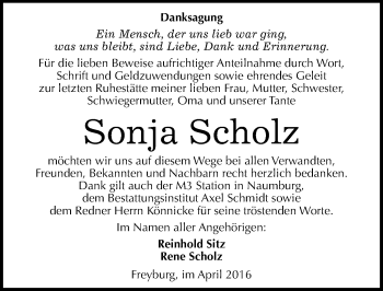 Traueranzeige von Sonja Scholz von Mitteldeutsche Zeitung Naumburg/Nebra
