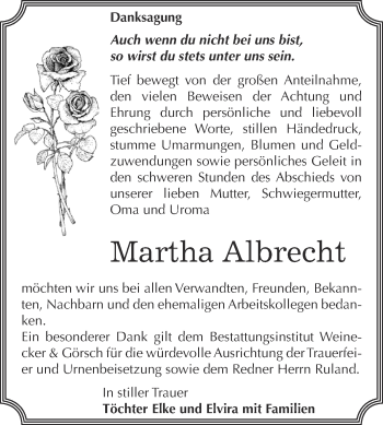 Traueranzeige von Martha Albrecht von Super Sonntag Bernburg