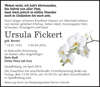 Traueranzeige von Ursula Fickert von Mitteldeutsche Zeitung Quedlinburg