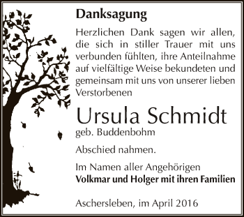 Traueranzeige von Ursula Schmidt von Super Sonntag Aschersleben