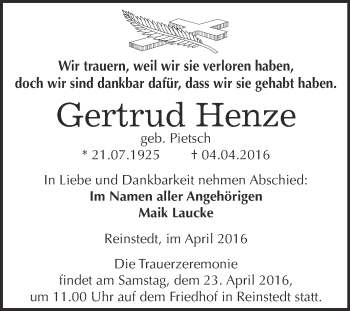 Traueranzeige von Gertrud Henze von Super Sonntag Aschersleben