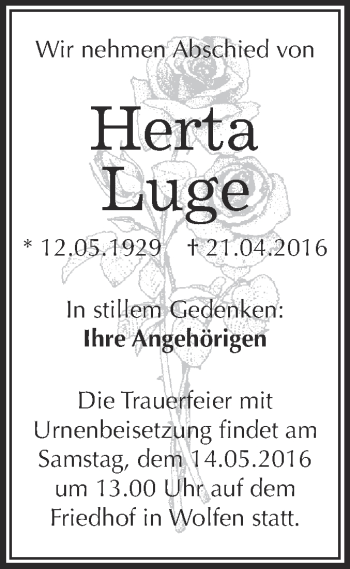 Traueranzeige von Herta Luge von WVG - Wochenspiegel Bitterfeld