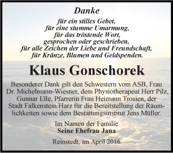 Traueranzeige von Klaus Gonschorek von Super Sonntag Aschersleben