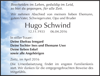 Traueranzeige von Hugo Schwind von Mitteldeutsche Zeitung Zeitz