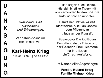 Traueranzeige von Karl-Heinz Krieg von Mitteldeutsche Zeitung Dessau-Roßlau