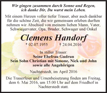 Traueranzeige von Clemens Handorf von Mitteldeutsche Zeitung Aschersleben